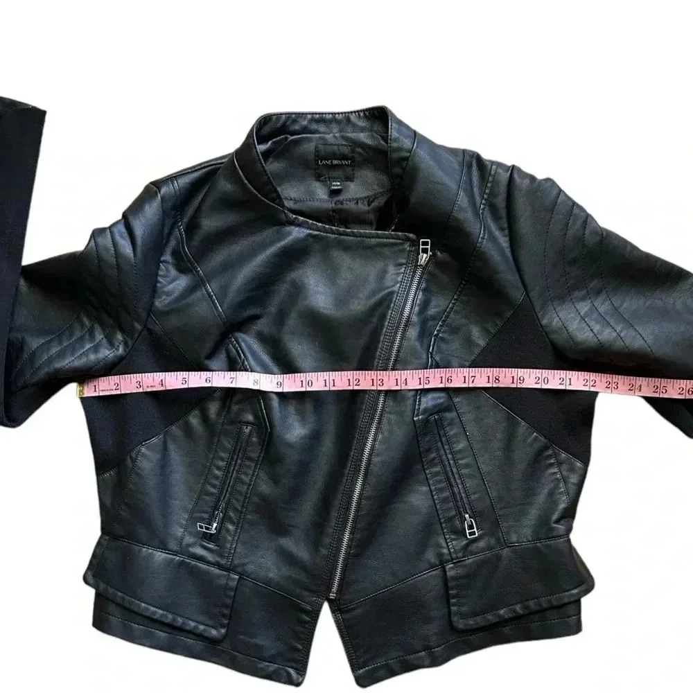 LANE BRYANT Black Faux Leather Moto Jacket Asymmetric Zip w/ Pockets 14/16 - Picture 4 of 9